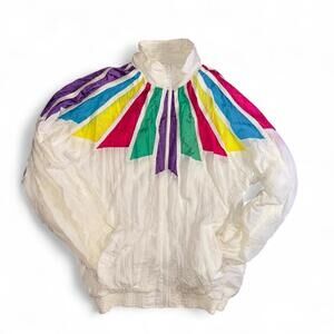 Vtg 90's White Windbreaker Zip-Up Jacket with Colorful Accents Size Adult Small